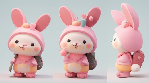 粉色兔兔玩偶三視圖：可愛帽，chibi風格，夢幻微笑