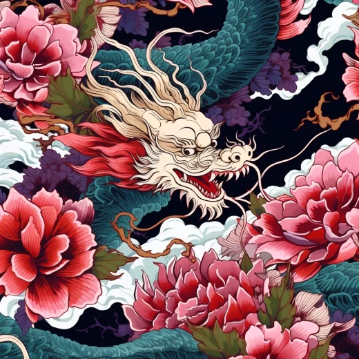 這個圖片的標題可以是“龍與波普藝術相融的紡織圖案”。