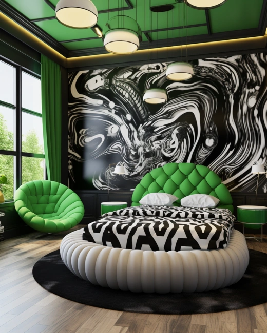 奢华黑白青春寝室：流行艺术风格结构设计，炫目绿色点缀与艺术天花板，32K UHD环绕圆床。