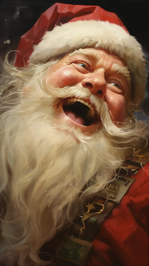 圣诞老人的笑脸特写：红润的脸颊和胡须，细节丰富