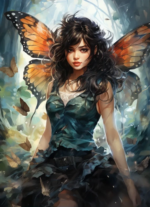飞翔哥特精灵与蝴蝶翅膀与深色头发，漫画绘本，森林，详细，美丽的彩色水彩插画，奇幻艺术