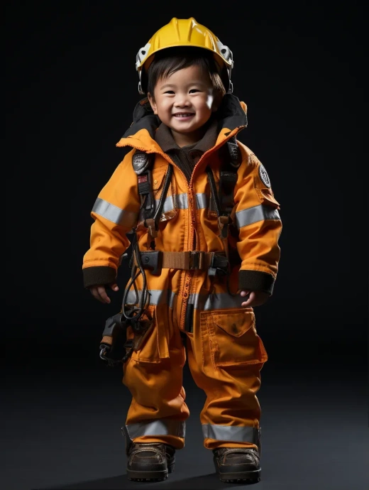 5岁中国消防员的全身照：微笑面对未来，32k超高清细节展现。