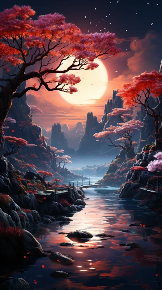 美麗的櫻花森林：中秋節，月升海平面，夢幻8K高清畫面