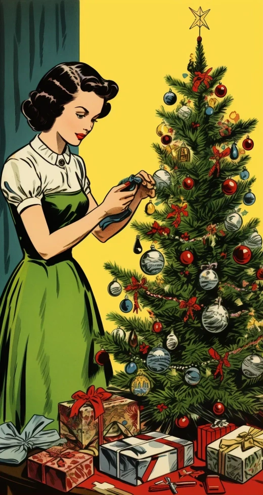 复古圣诞漫画风格：母亲在电话中装饰圣诞树