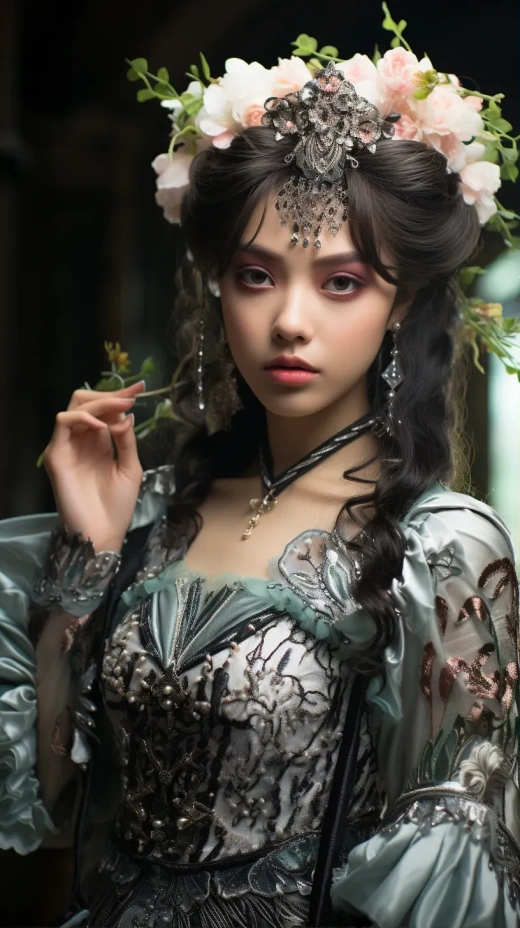 九天仙女降臨，冰晶宮殿璀璨奪目。美麗九天仙女，婉約仙顏，美眸如星，彎眉如月，櫻桃小嘴，桃花面龐。華美羽翼展開，云彩背景，神圣華麗。8K超高清畫質，豐富細膩，色彩斑斕。