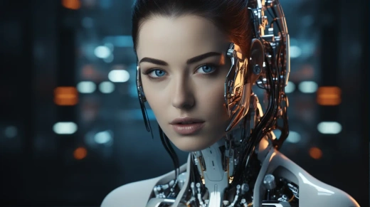 美丽女AI机器人，长棕发，正面朝前。
