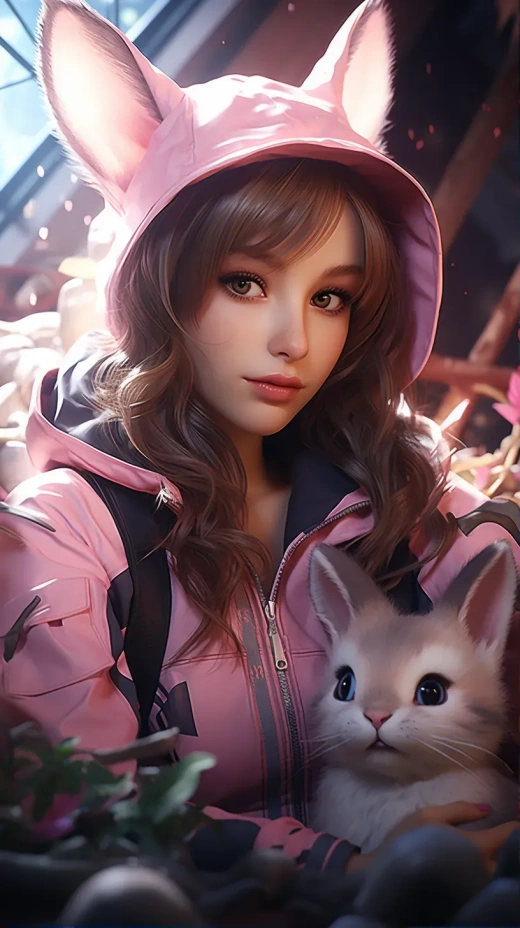 一只可愛的兔子化身為守望先鋒中的D.VA，擁有迷人的眼睛和完美的女友氣質。場景取自守望先鋒，與堡壘之夜的風格相得益彰。背景藝術由日本動畫大師新海誠親自操刀，畫面細膩流暢。兔子的眼睛如同Vray渲染般逼真，仿佛置身于守望先鋒的世界之中。