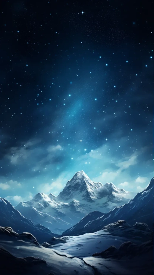 夜幕降臨，雪山雪景，星空月色