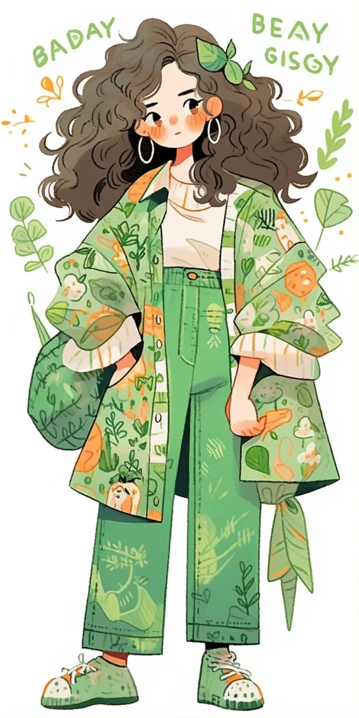 綠襯衫女士的卡通插圖與貝卡·達洛芙夫人的藝術(shù)風格相融合，沙丹·唐的時尚魅力，混合圖案與表情符號裝飾，近距離展示迷人角色插畫，民俗風情。