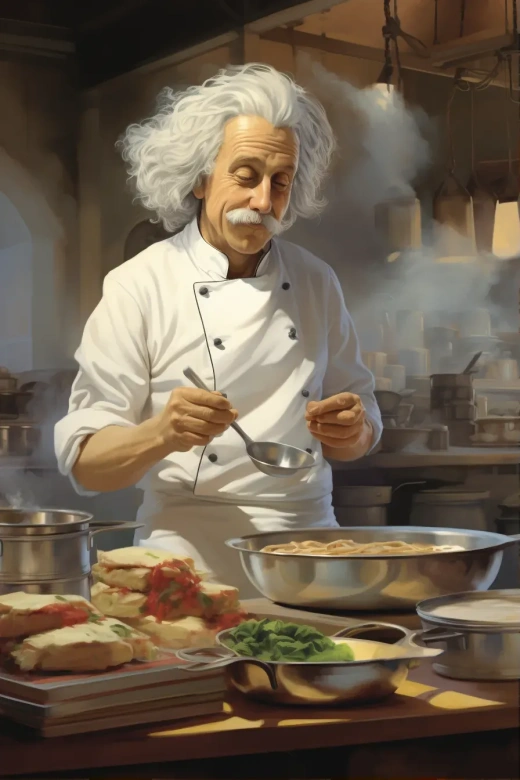 爱因斯坦身着厨师制服，在高级餐厅厨房熟练制作美食。烹饪实验与他的经典科学发现相呼应。