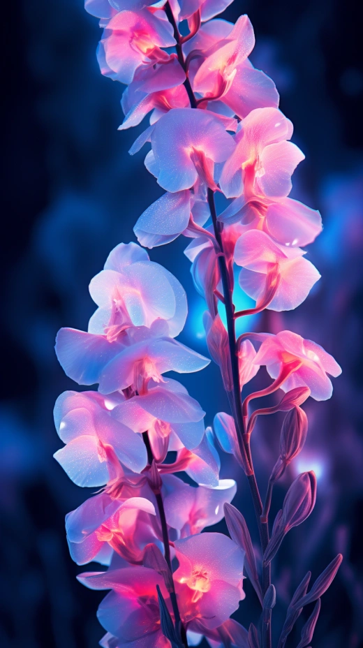 神秘幻夢，細膩自然，暗夜中霓虹鶴嘴花的近景