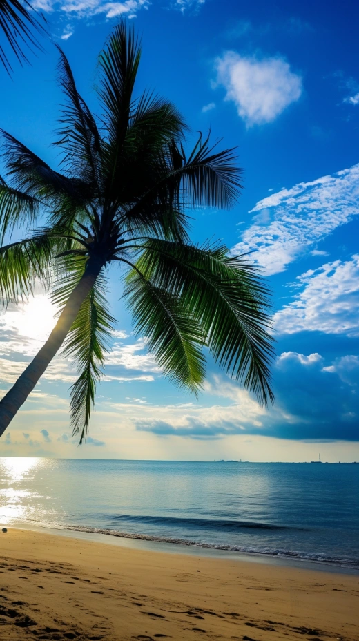 海南岛上的椰树高耸，最后一缕阳光洒在沙滩上，映照在波光粼粼的海浪上，形成了一幅美丽的画面。在清澈的海水中游动着小鱼，海风带来了咸涩的芬芳。这是一个让人放松愉悦的地方，让人沉浸在美妙的大自然中。