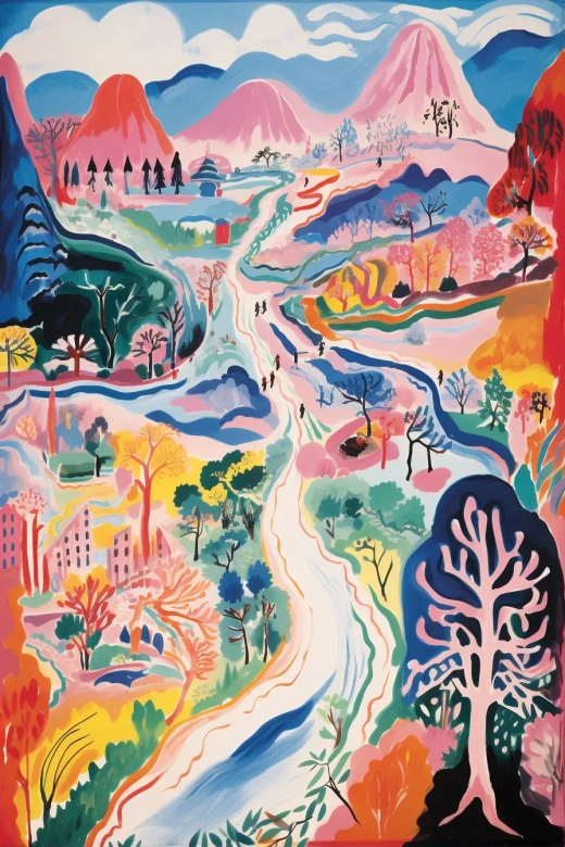 巨大的地下洞穴，長達數百公里，中央有一個湖泊，細節豐富，作者：拉烏爾·杜菲。