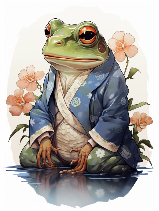 水墨侍蛙贴纸：日本风水彩，纯白背景，唤醒你内心的剑士精神。