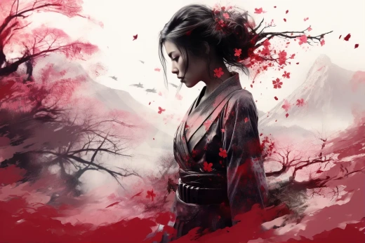 武士與日本風景的雙重曝光藝術作品