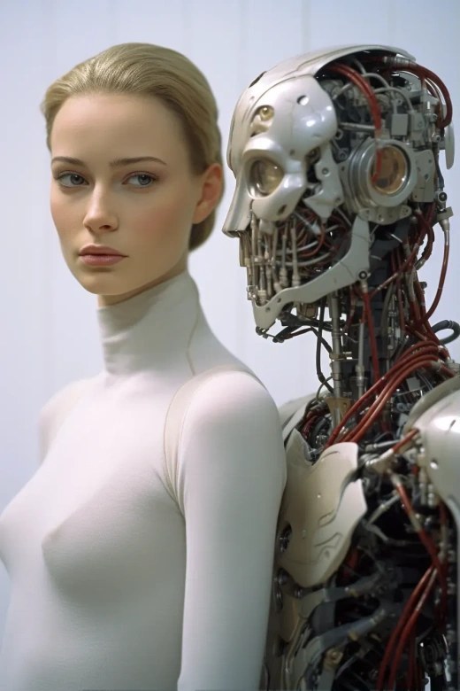 30岁女性AI机器人的侧面肖像，银色外观直视镜头，头部机制可见，身体2/3转向右侧，风格仿照Erwin Blumenfeld，背景是模糊的设计实验室