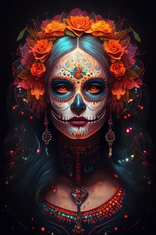 傳統(tǒng)歡樂的貓女，眼中閃爍著亮晶晶的水晶，頭發(fā)上插滿了鮮艷的花朵