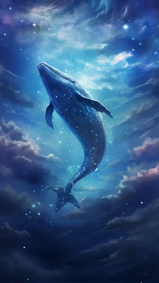 在蓝天下漂浮的鲸鱼，云雾环绕，黑暗物质艺术风格，夜幕美景，美得令人难以置信。