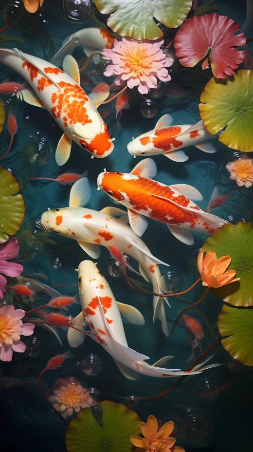 “仙境般的金魚，游弋于荷葉蓮花叢的廣袤池塘中”