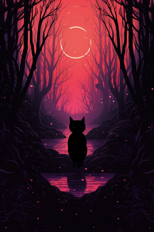 魔法貓在森林徜徉，簡約輪廓勾勒，打造筆記本封面的魅力場景。