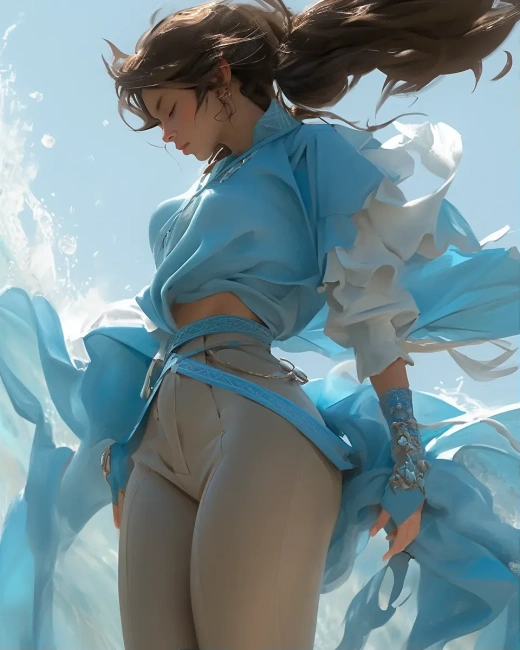 水雾环绕的女神：古典武侠风格与流体力学融合的超现实画质
