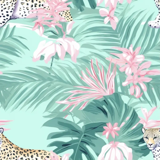 无缝图案：优雅的薄荷绿丛林叶子与粉色豹纹
