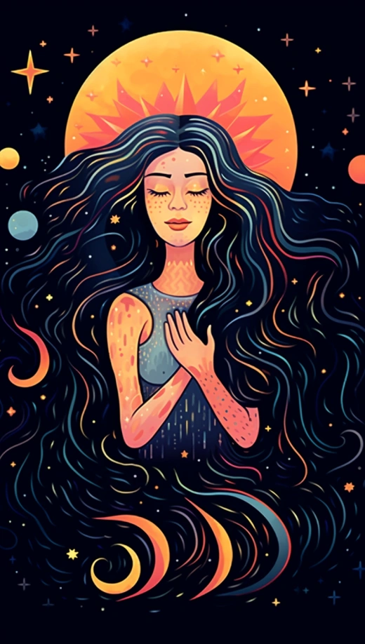 彩色長發女孩天空中的幻覺：星空朋克風格，直覺的姿態，深藍與橙色交織，彩虹核心與美少女戰士的靈感，燈火闌珊間的強烈光芒