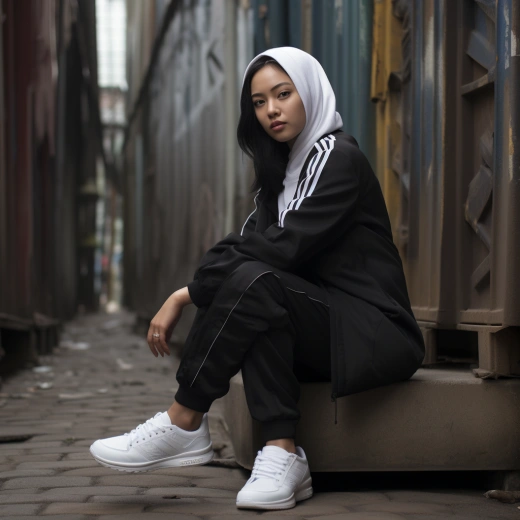 “白色純凈的阿迪達(dá)斯運(yùn)動(dòng)鞋，青春活力盎然的印度尼西亞25歲女孩在辦公區(qū)巷子外擺姿勢，黑色和巧克力色的西裝襯托出現(xiàn)代辦公樓的風(fēng)格，相機(jī)角度突出了鞋子的存在。照片聚焦于鞋子，角度極具標(biāo)志性和戲劇性，如世界級攝影師的拍攝作品。類型：數(shù)碼單反相機(jī)焦點(diǎn)，鏡頭類型：細(xì)節(jié)聚焦，照片風(fēng)格：Shutterstock，圖像細(xì)節(jié)：無文字，長寬比1:1。”