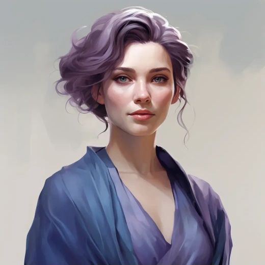 夢幻現實概念藝術：30多歲美女，藍紫色發(fā)髻，紫色眼睛，蒼白肌膚，深藍色披風連衣裙。