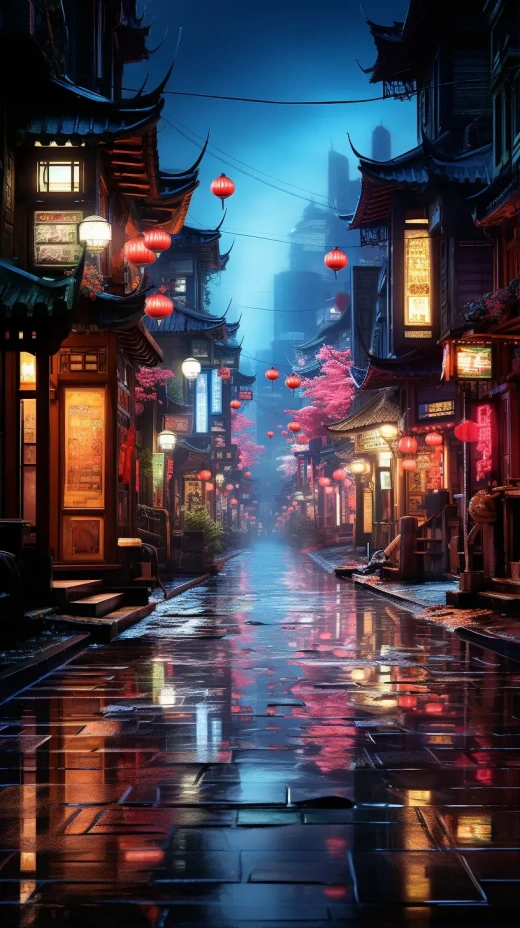 賽博朋克主題的郊區(qū)夜晚：霓虹燈光、街燈、電線，8K高分辨率，逼真的雨滴反射效果。