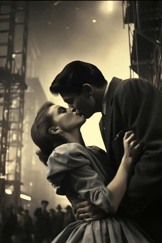 《时代广场的吻》- 20世纪50年代黑白照片，喧嚣中的爱情