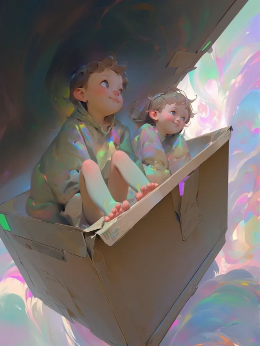 奇幻星際：男孩女孩騎紙箱，超現(xiàn)實(shí)細(xì)膩繪畫風(fēng)格，珍珠虹彩全息白色背景