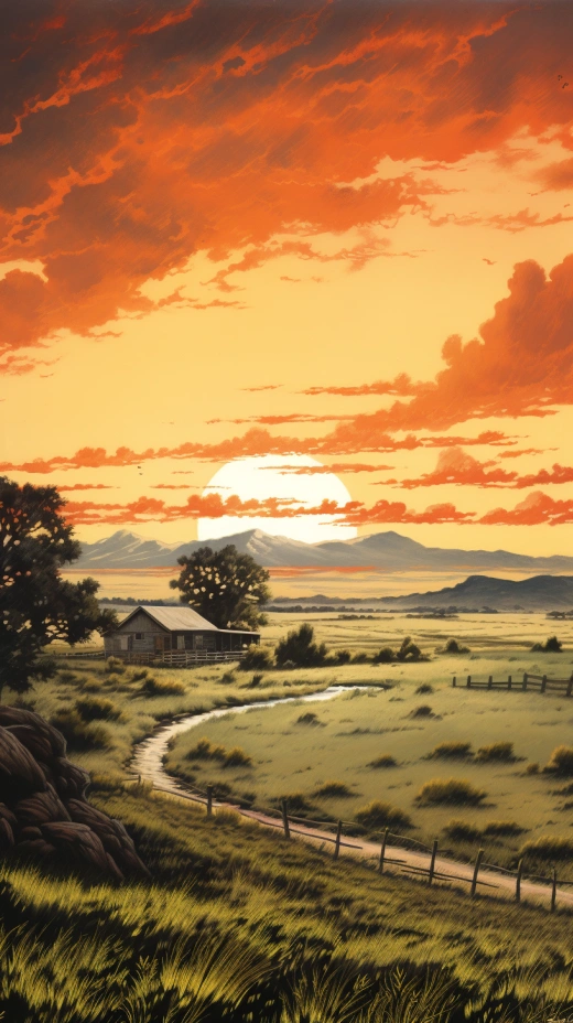 荒野牧场，夏日日落，双色石版画，美得让人陶醉
