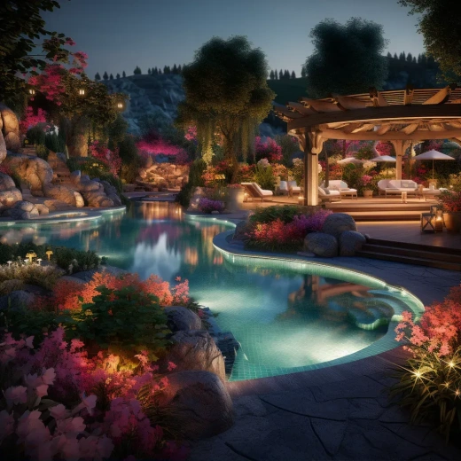 专业灯光下的游泳池与花园背景4K照片，周围有几个人