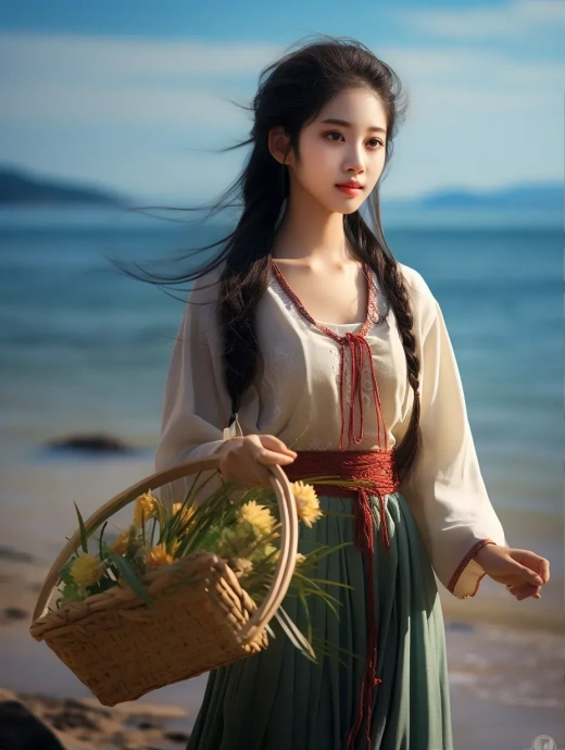 美麗的中國女孩，18歲，穿著漢服在海邊玩耍，手持籃子，高清大圖，笑容甜美，眼神迷人。