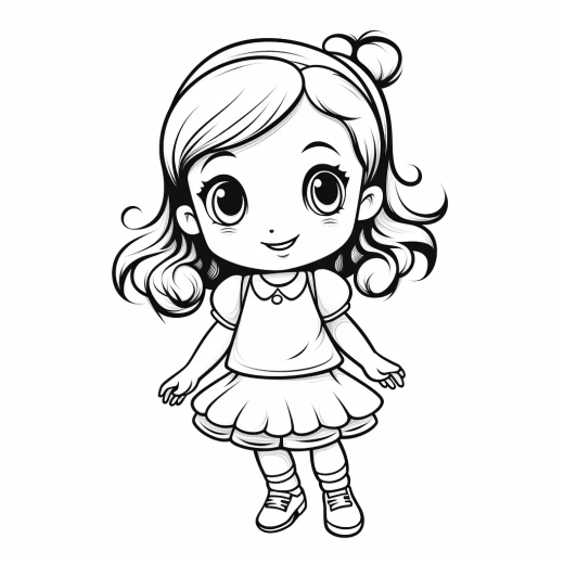 可爱女孩涂色页，动画风格插图，黑白色绘画风格，粗线条，适合幼儿，简单明了，厚实轮廓，手绘制，纯白背景。