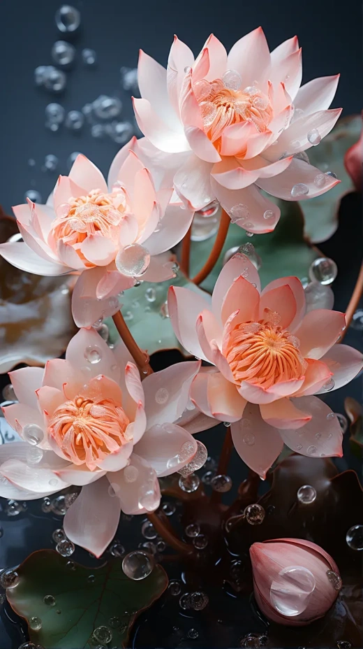 粉色夢(mèng)幻蓮花，晨霧繚繞，圓潤飽滿水晶花瓣，蜿蜒花枝，翠綠嫩葉，精致細(xì)膩的花藝風(fēng)格，8K高清細(xì)節(jié)后期處理。