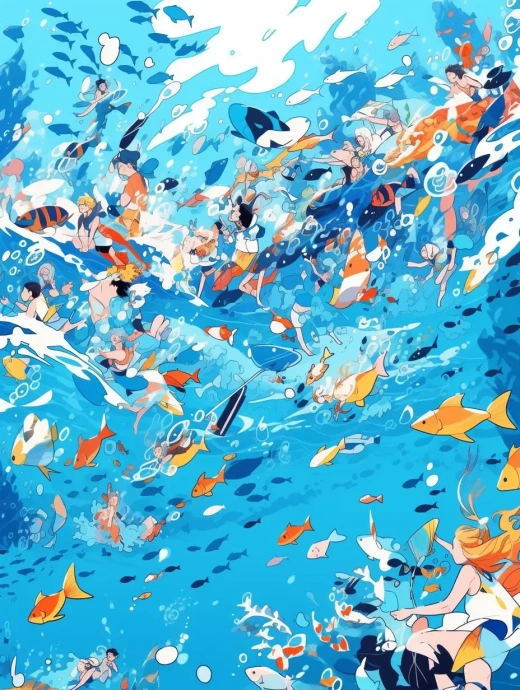 彩色涂鴉水彩畫：8K UHD 超高清海洋潛水插圖，生動的混合媒體拼貼風格，色彩斑斕，美不勝收！