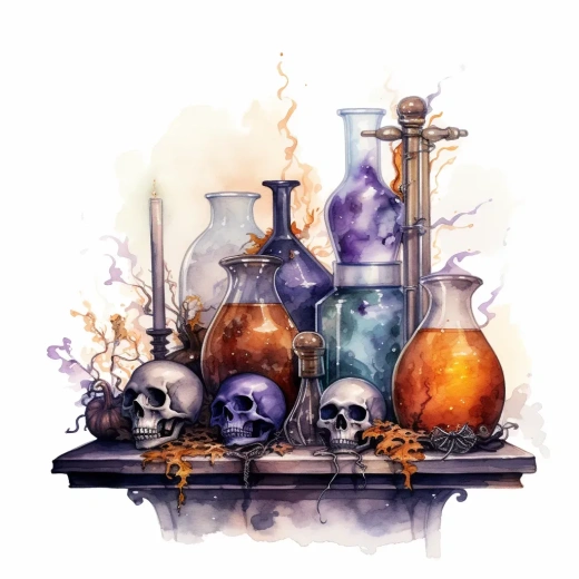 魔法水彩插圖：實驗室萬圣節道具與白色背景