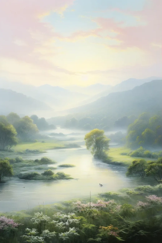 晨曦鄉(xiāng)野：霧靄山巒，陽光樹影，夢幻河景