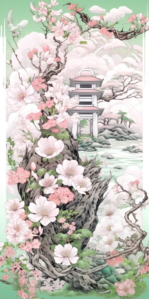 古風日本美學：印度墨水彩繪，禪意符號，輕色調，淺粉、白、淡綠，細節豐富