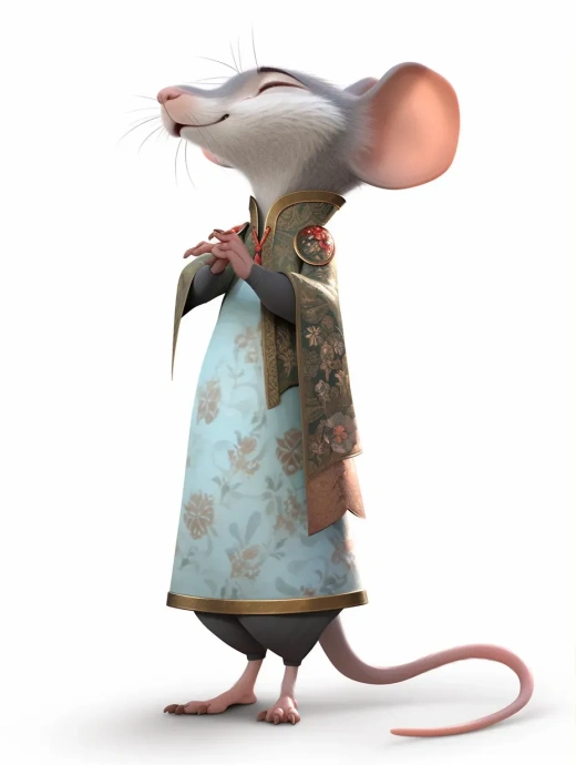 可爱的老鼠在古代中国服饰中站立，3D动画风格，8K分辨率，自然光源，高清质量，Pixar风格。