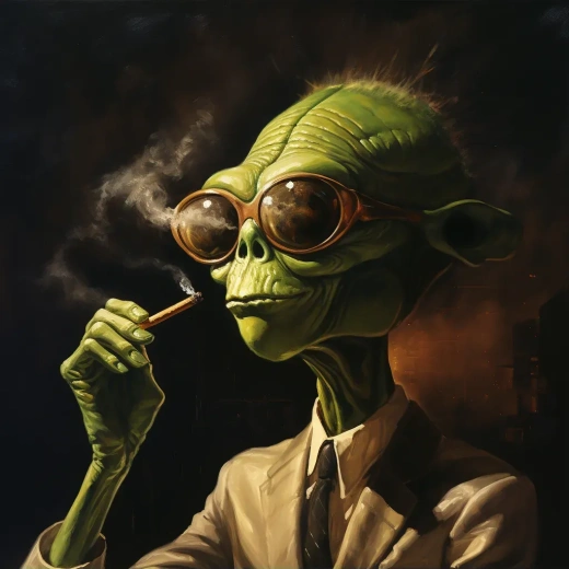 外星煙民的快樂時光：暗綠外星人高舉雪茄，如石器時代般凝視未來
