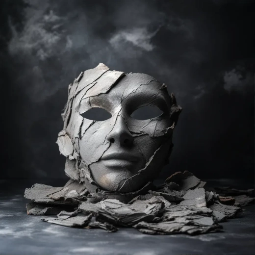 夢幻超現實藝術：黑暗中漂浮的無表情怪人面罩，時尚Gucci風格，極簡主義照片，細節豐富，紋理粗糙，亮色頂部光線，完美裁剪，立體感強，超級詳細，八仙渲染，電影級照明，膠片顆粒。