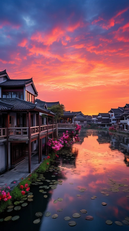 江南水鄉日落美景，真實攝影超高清，小亭一隅，唯美絕倫，8K畫質，遠山近水，超廣角近觀，V1全景，畫面極致！