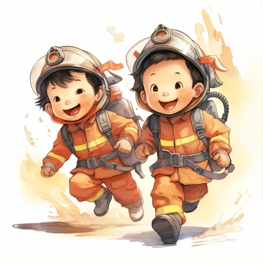 可爱的儿童插画：两位中国男消防员奔跑