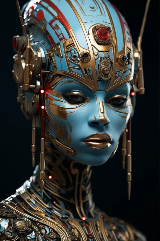 未來機器人女性高清壁紙：真實超寫實肖像風格，金屬構圖，Wifredo Lam,迷幻匯編CD,青銅藍，深青紫，數碼增強