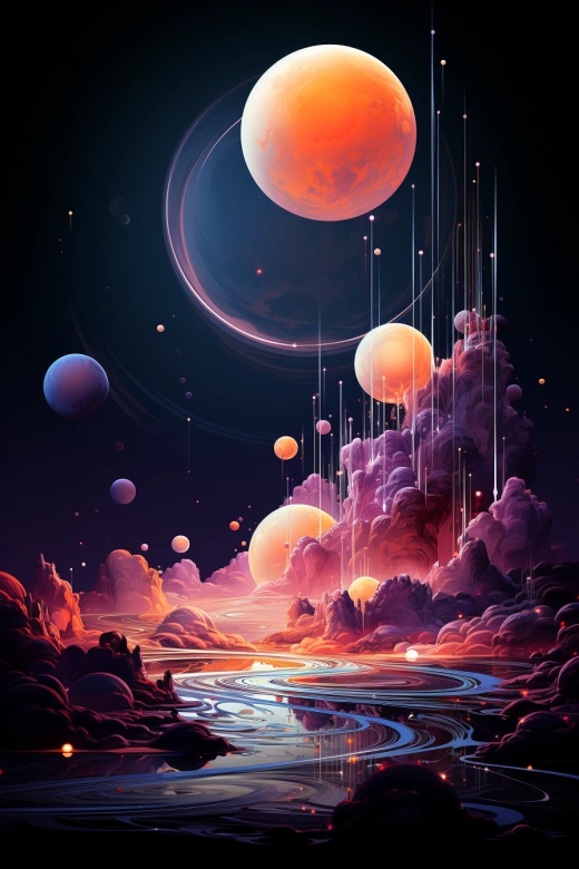星光白與星云紫，宇宙中重疊的球體和橢圓，引領你踏入夢幻的奇境