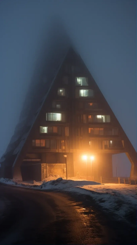 索尼DSLR捕捉中世纪法国灵感，未来主义雪地南极朦胧夜晚的混凝土建筑