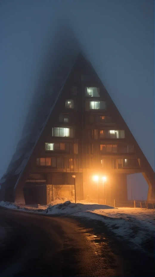 索尼DSLR捕捉中世紀法國靈感，未來主義雪地南極朦朧夜晚的混凝土建筑
